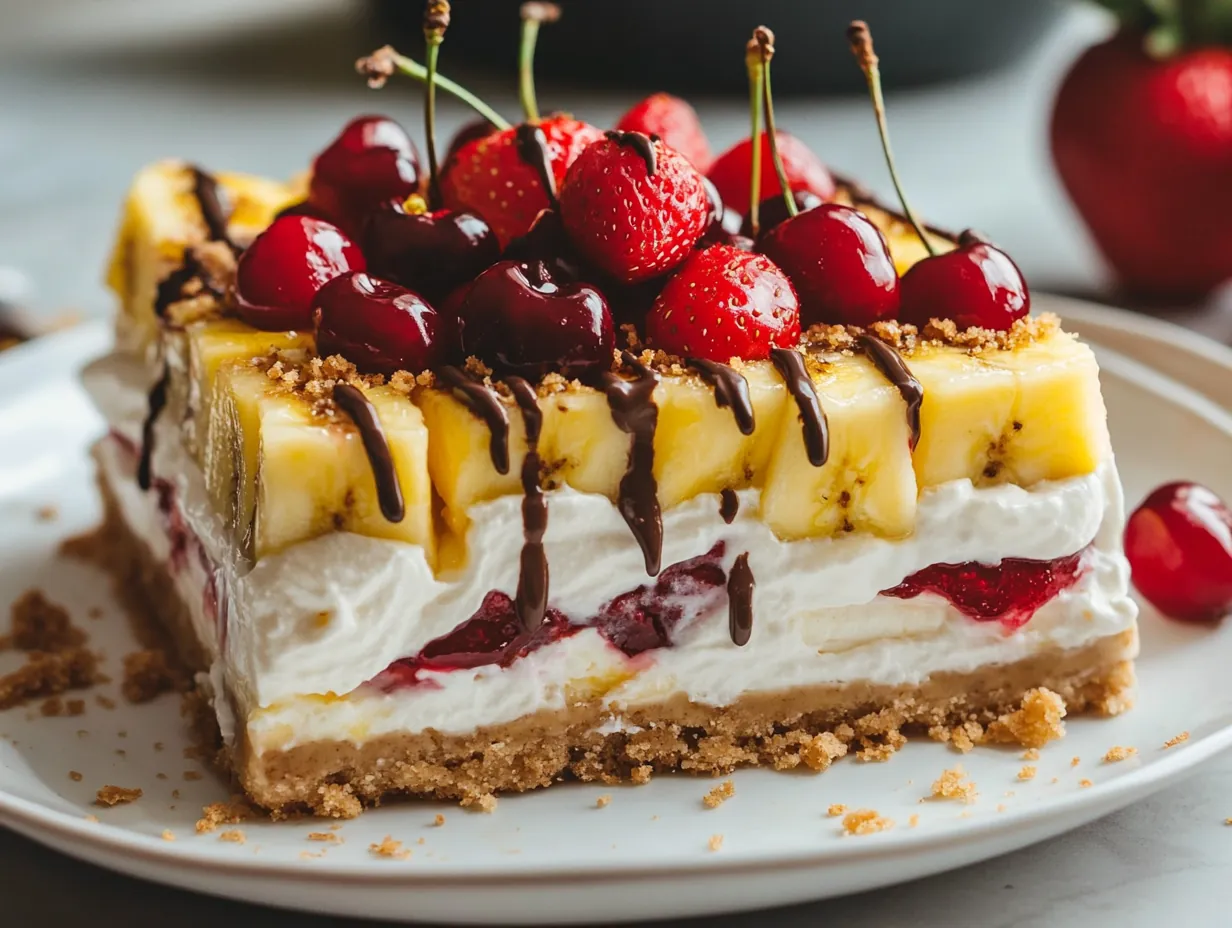 No-Bake Banana Split Dessert: A Sweet Trip Down Memory Lane finished dish