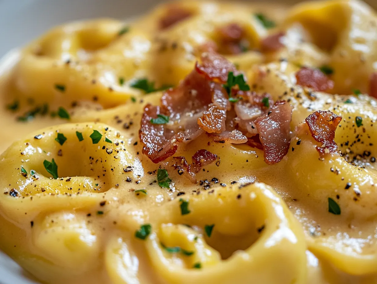 Quick & Creamy Tortellini Carbonara in Just 30 Minutes finished dish
