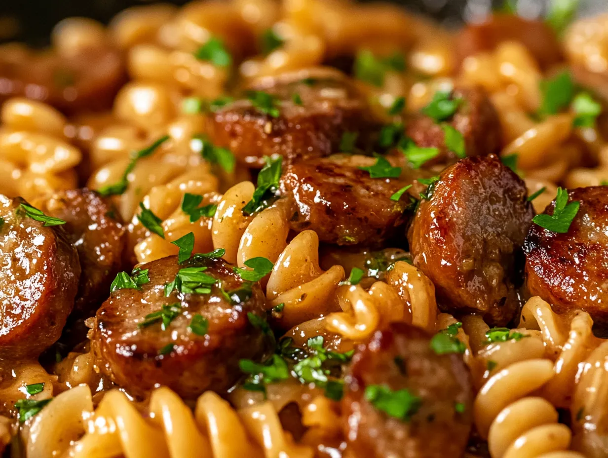 Unlock Flavor: Sticky Honey Garlic Sausage Pasta Skillet Magic finished dish